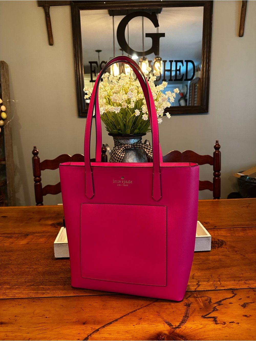 kate spade hot pink leather tote with front pocket